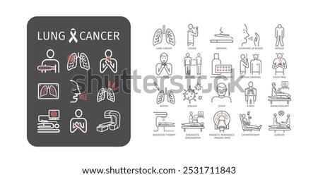 lung disease line icons, such as inhaler, nebulizer, bronchoscopy, copd, cough. Lung Cancer. Symptoms, Causes, Treatment.