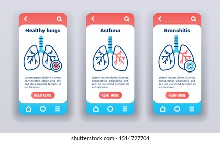 Lung disease on mobile app onboarding screens. Inflammatory process lungs. Line icons, healthy lungs, asthma, bronchitis. Banners for website and mobile kit development. UI/UX/GUI template.