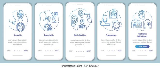 Enfermedad del pulmón en la pantalla de la aplicación móvil con conceptos. Control médico. Caminata de tratamiento Otolaringología 5 pasos instrucciones gráficas. Plantilla vectorial de interfaz de usuario con ilustraciones de color RGB