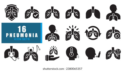 lung disease Pneumonia icon sets, such as bronchitis, bronchial asthma, spirometry and more. Vector illustration isolated on black white. Editable stroke.