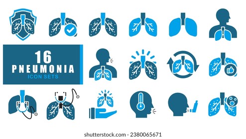 lung disease Pneumonia icons sets, such as bronchitis, bronchial asthma, spirometry and more. Vector illustration isolated on blue dark. Editable stroke.