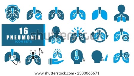 lung disease Pneumonia icons sets, such as bronchitis, bronchial asthma, spirometry and more. Vector illustration isolated on blue dark. Editable stroke.