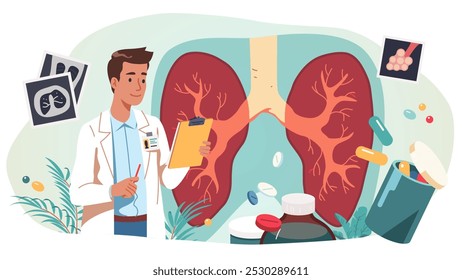 Lung disease pulmonology doctor and treatment. Professional pulmonologist specialist person prescribing pills. Health medical diagnostic, pneumonia respiratory illness medicine concept illustration