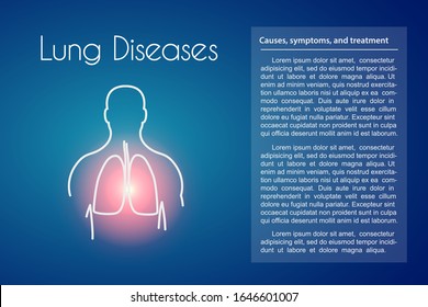 Lung diseases linear icon on blue background. Vector illustration of young man with red lungs suffers from chest pain. Design template for medicine or therapy for pneumonia, asthma or lungs cancer