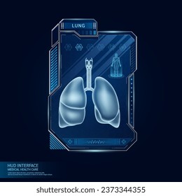 Lung in display card HUD interface medical. Human organ hologram with ultrasound diagnosis with AI innovative technology medical health care. Virtual touch UI screen frame. Vector.