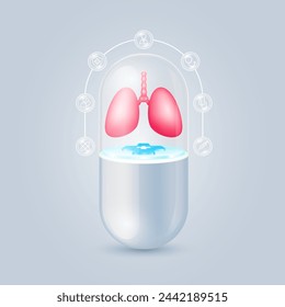 Lung floating on cross symbols medical in transparent grey capsule pill. Doctor, syringe, shield, and stethoscope icons are the periphery. Medical organ protection and health care. Vector.