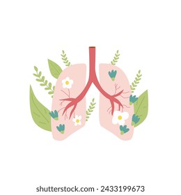 Lung with flowers isolated on white background. Vector flat illustration. Stop smoking.