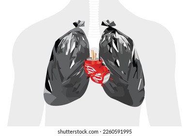 The lung in the form of a black plastic trash bag and red jar heart. Vector illustration of a human organ. The concept of healthcare and ecology. The problem of breathing, environmental pollution