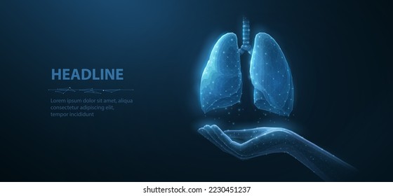 Lung health. Abstract 3d lung on hand. Lung care, tuberculosis awareness, world cancer day, pneumonia patient, organ anatomy, pulmonary medicine, corona virus, lung donor concept. Isolated on blue.