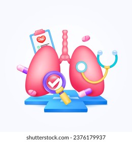 Lung health care with doctor. Pills, document form board and stethoscope with check mark in magnifying glass looking diagnosis floating on cross medical symbols. 3d cartoon icon organ vector.