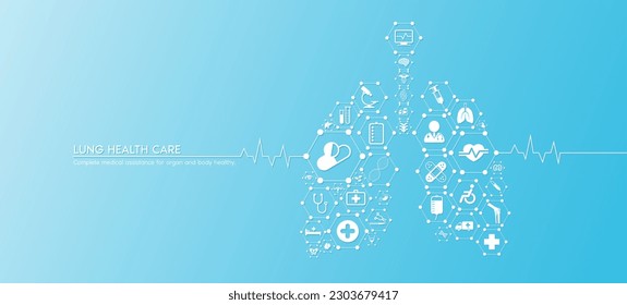 Lung health care. Medical icons inside hexagons connected in the shape of the human lungs. Organs icons on blue background. Medical care science banner concept. Vector illustration.