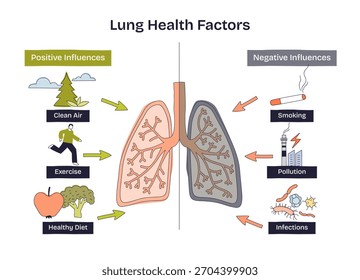 Lung health factors diagram contrasts positives and negatives, clean air, exercise, diet vs smoking, pollution, infections, main objects, lungs, cigarette, smokestack. Doodle style diagram