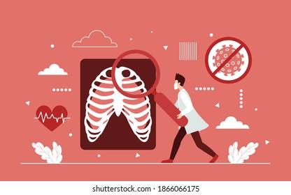 Lung health research vector illustration. Cartoon medical researcher character holding and researching hospital radiology lab results on coronavirus lungs disease doctor checkup, medicine background