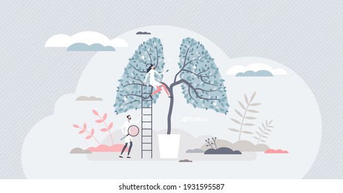 Lung Health And Respiratory Medical Examination And Checkup Tiny Person Concept. Pulmonology Doctor Examining Breathing And Organ Inner Condition Vector Illustration. Patient Diagnosis And Chest Scan.