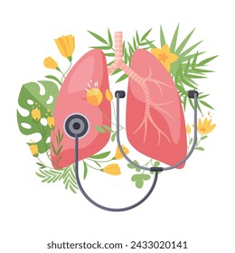 Lung health support and care, pulmonology checkup. Human lungs in blooming flowers, plants and green leaves with stethoscope for doctors examination of respiratory system cartoon vector illustration