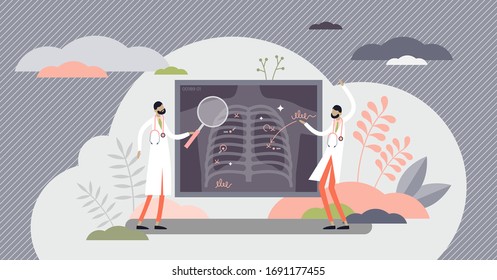 Lung Health Vector Illustration. Covid-19 X-ray Flat Tiny Persons Concept. Hospital Radiology Results Research And Problem Recognition. Pulmonary Pneumonia Or Cancer In Trachea Or Bronchi Diagnosis.