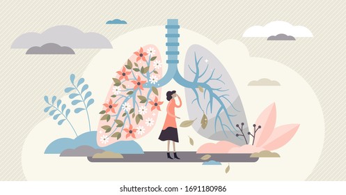 Lung health vector illustration. Covid-19 artistic disease visualization flat tiny persons concept. Symbolic healthy respiratory comparison with disease illness. Smoker pulmonary pneumonia diagnosis.