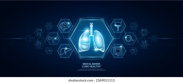 Lung healthy. Human organs icon symbols. Medical science banner design template. Health care medical check up too innovative futuristic digital technology. Examining organ and heart pulse. Vector.
