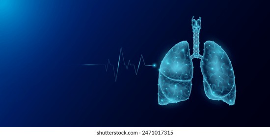 Lung human organ anatomy in form style polygon low poly futuristic and pulse wave glowing. Medical science template banner with empty space for text. Vector EPS10 illustration.