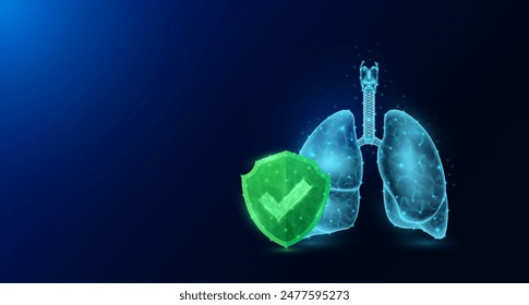 Lung human organ anatomy in style polygonal with check mark in green shield glowing on dark blue background. Medical science protection symbol concept. Banner empty space for text. Vector EPS10.