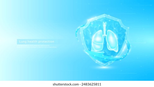 Lung human organ anatomy style polygonal in shield glowing surrounded by blue arrows. Medical science protection symbol. Health care concept. Banner vector EPS10.