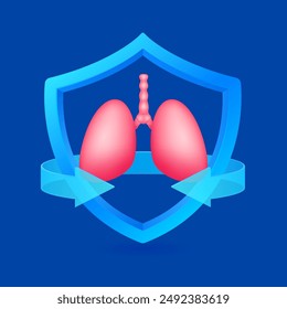 Lung human in shield surrounded by arrow. Protection symbol health care. Medical science concept. Organ model cartoon style 3d isolated on blue background. Vector EPS 10.