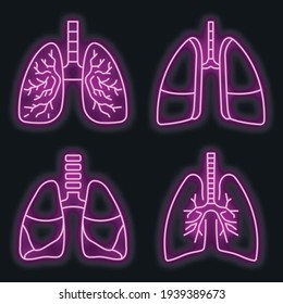 Lung icon set. Outline set of lung vector icons neon color on black