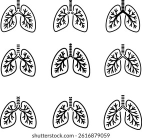 Lung Icon Set  Variations of Human Lungs,  different line art illustrations of human lungs, perfect for medical or health-related designs