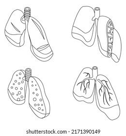 Lung icons set. Isometric set of lung vector icons outline isolated on white background