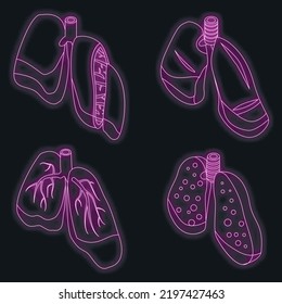 Lung icons set. Isometric set of lung vector icons neon color on black