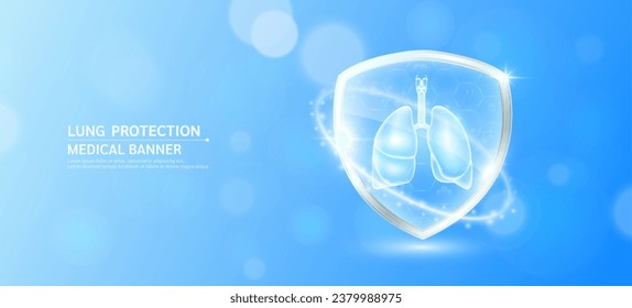 Lung inside glass shield glowing with medical icon sign symbol on blue bokeh lights background. Medical health care innovation immunity protection. Human anatomy organ translucent. Banner vector.