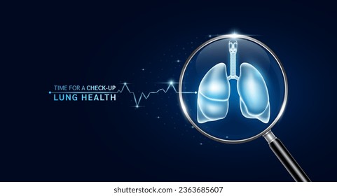 Lung inside magnifying glass with scan search and blue glowing neon heart pulse. Health care and medical check up too innovative digital technology. Body health checkup examining organ. Vector.