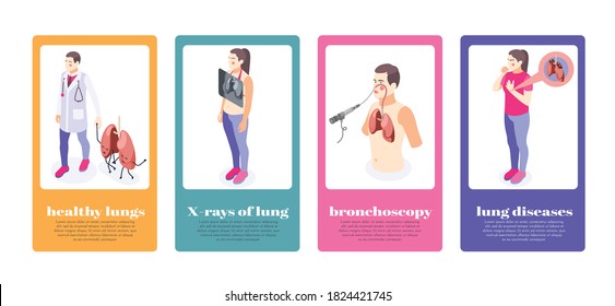 Lung inspection banners set with diseases symbols isometric isolated vector illustration