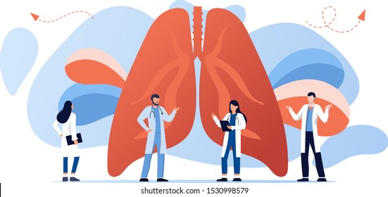 Lung Inspection Concept. Pulmonology Of Human Vector Illustration For Website, App, Banner. . Fibrosis, Tuberculosis, Pneumonia, Cancer, Lung Diagnosis Doctors Treat, Scan Lungs. 