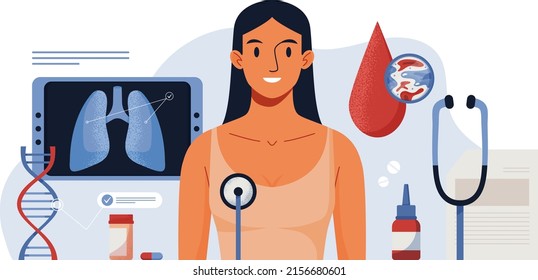 Lung Inspection Concept. Pulmonology Of Human Illustration For Website, App, Banner. Fibrosis, Tuberculosis, Pneumonia, Cancer, Lung Diagnosis Doctors Treat, Scan. Patient Health Check Up.