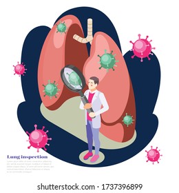 Lung inspection concept with virus treatment symbols isometric vector illustration 