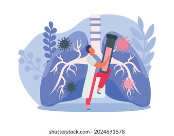 Inspección pulmonar composición de iconos planos con tubo de ensayo de sujeción del médico frente a pulmones llenos de bacteria ilustración vectorial