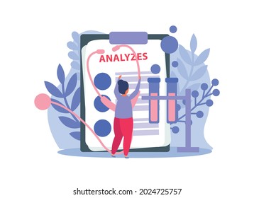 Lung inspection flat icons composition with paper sheet with analysis results and woman with sthethoscope and test tubes vector illustration