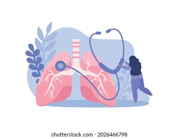 Lung inspection flat icons composition with female doctor holding sthethoscope and human lungs vector illustration