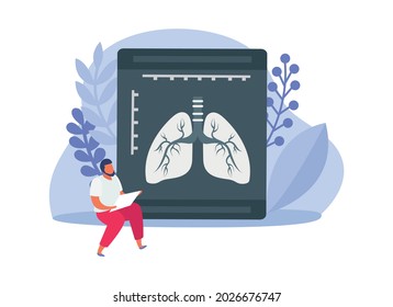 Lung inspection flat icons composition with radiogram shot of lungs with sitting character of medical specialist vector illustration