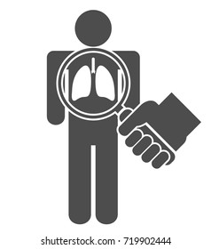 Lung inspection icon concept. Hand holding magnifying glass over a stick man or figure