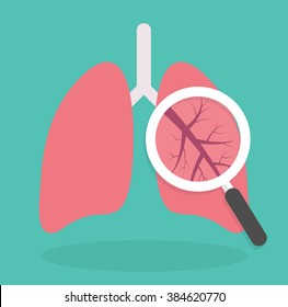 Lung inspection icon. Medical inspection concept. Magnifying glass on lungs. Flat design