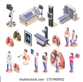 Lung inspection icons set with treatment symbols isometric isolated vector illustration 