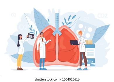 Lung Inspection. Pulmonology Disease Diagnosis. Fibrosis, Tuberculosis, Pneumonia, Cancer Treatment. Tiny Doctor Team In Uniform Conduct X-ray Scanning, Research Screening, Treat Sick Internal Organ