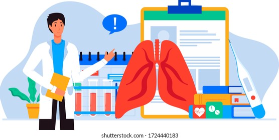Lung inspection. Pulmonology of human vector illustration for website, app, banner. Fibrosis, virus, tuberculosis, pneumonia, cancer, lung diagnosis doctors treat, scan lungs. Medical office equipment