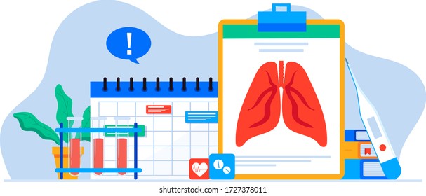 Lung inspection. Pulmonology of human vector illustration for website, app, banner. Fibrosis, virus, tuberculosis, pneumonia, cancer, lung diagnosis doctors treat, scan lungs. Medical office equipment