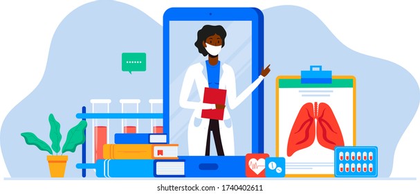 Lung inspection. Pulmonology of human vector illustration for website, app, banner. Fibrosis, virus, tuberculosis, pneumonia, cancer, lung diagnosis doctors treat. Doctor on mobile phone screen