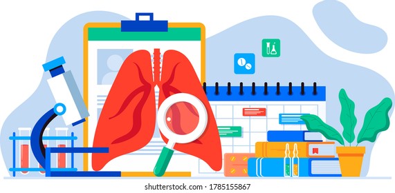 Inspección pulmonar. Pulmonología de la ilustración del vector humano para sitio web, aplicación, banner. Fibrosis, virus, tuberculosis, neumonía, cáncer, diagnóstico de pulmón que los médicos tratan, pulmones escaneados. Equipo de oficina médica