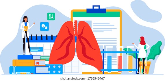 Inspección pulmonar. Pulmonología de la ilustración del vector humano para sitio web, aplicación, banner. Fibrosis, virus, tuberculosis, neumonía, cáncer, diagnóstico de pulmón que los médicos tratan, pulmones escaneados. Equipo de oficina médica