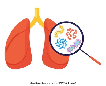 Lung with magnifier searching bacteria flora digestive concept. Vector graphic design illustration element